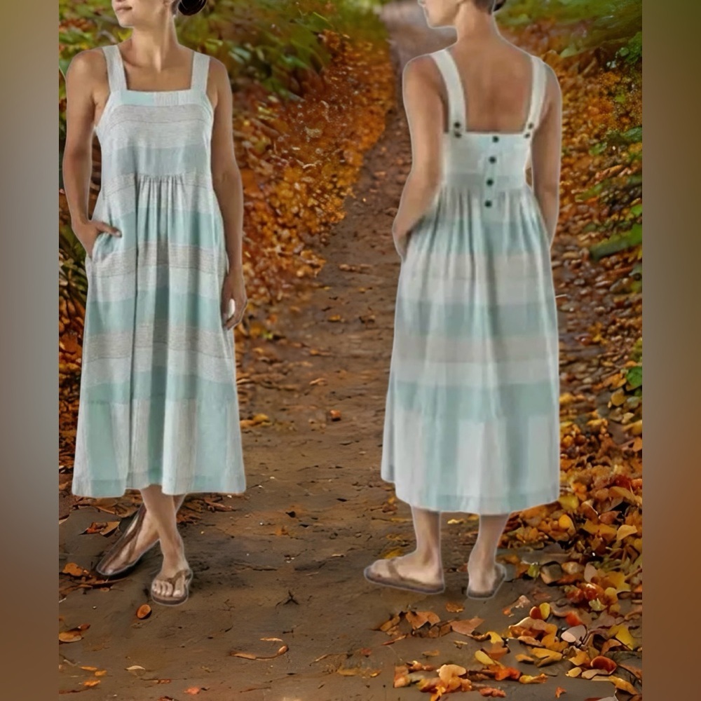 #Patagonia” hemp Stripe Maxi Dress button Back white and blue size xs